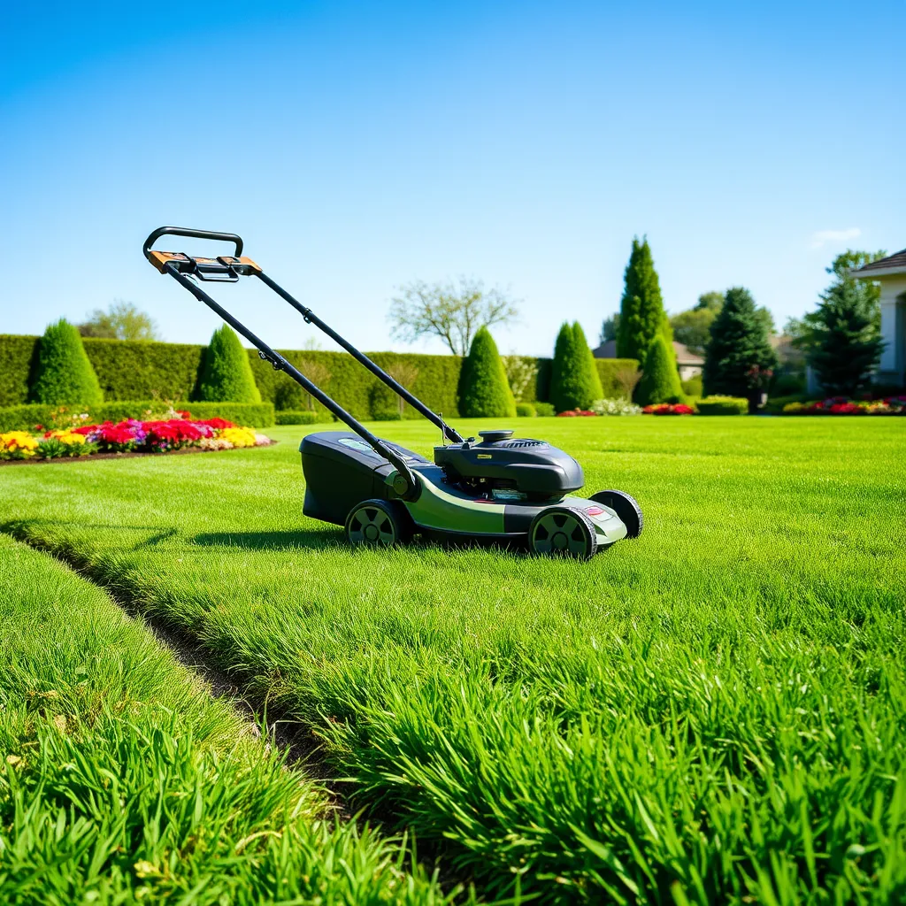 A lush green lawn being expertly cut by a professional landscaper using a modern lawnmower. The scene includes neatly trimmed grass edges, colorful flower beds, and a bright blue sky in the background. The lawn should appear fresh and manicured.