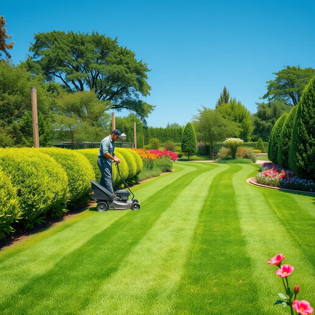 A lush green lawn being expertly maintained by a professional gardener. The scene should include a skilled worker using a lawnmower, surrounded by healthy shrubs and trees, showcasing vibrant flowers in the garden, under a bright blue sky.