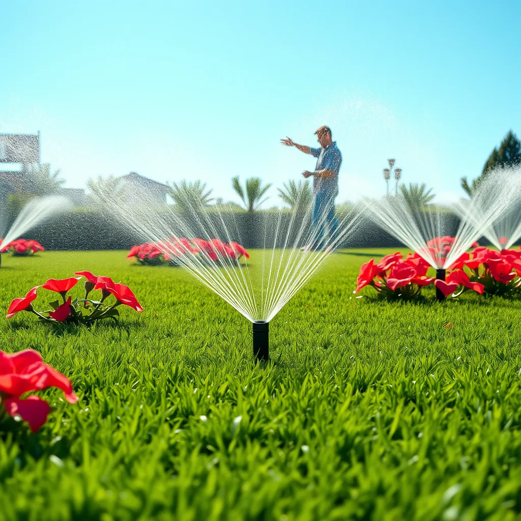 A lush green lawn with a modern automated sprinkler system in action, spraying water evenly across vibrant flower beds, with a technician adjusting the system settings in the background under a clear blue sky.