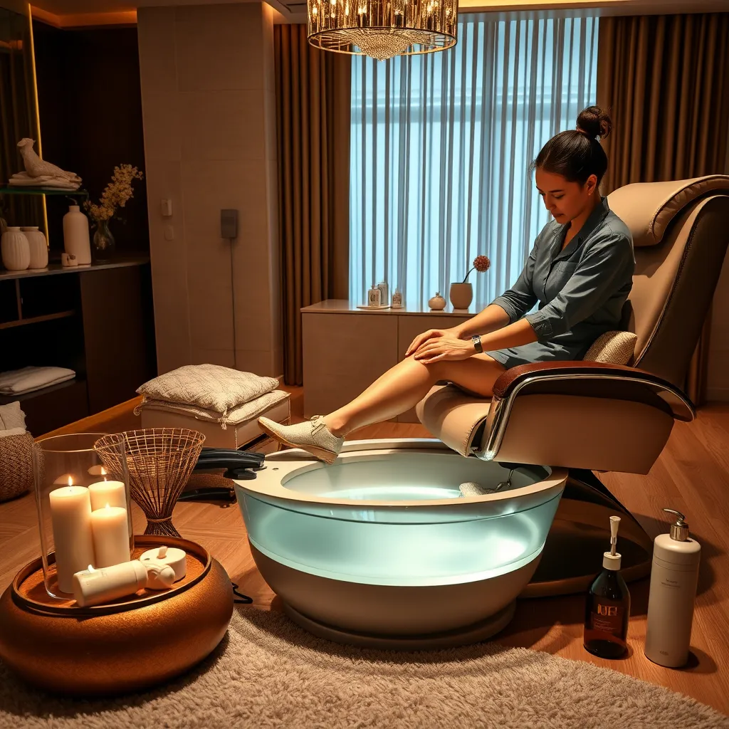 A luxurious spa pedicure setup featuring a client seated in a plush chair with their feet soaking in a soothing foot bath. The technician gently massages the client's leg while there are elegant spa tools and eco-friendly products displayed nearby, emphasizing relaxation and comfort.