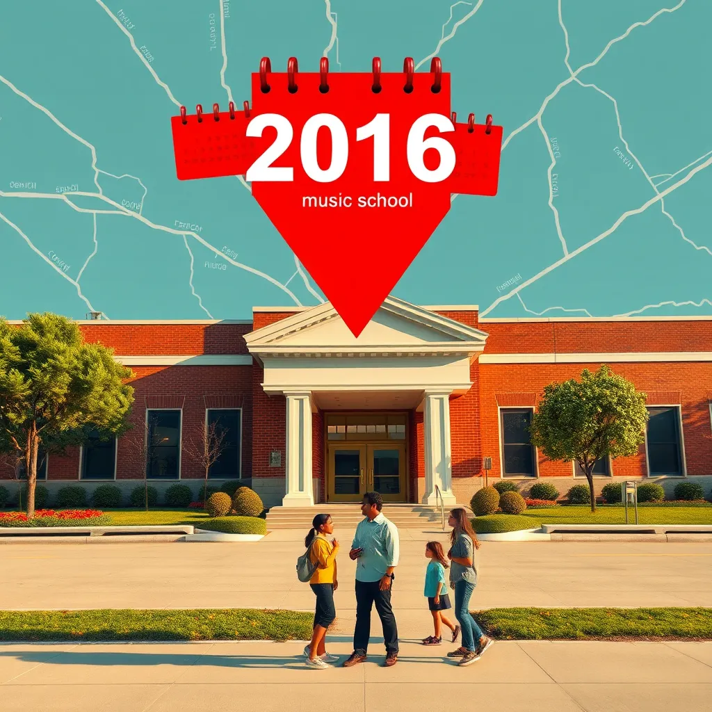 A map of Dallas highlighting a central location with a music school. Overlay with calendar icons from the years 2016 to present, suggesting a longstanding presence. Include community interaction, such as a teacher conversing with students in front of the school.