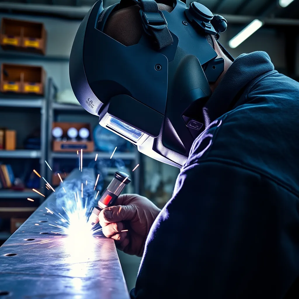 A master welder in protective gear, engrossed in a TIG welding task, creating precise, clean welds on a stainless steel structure. Bright, focused arc lighting illuminates the weld site, casting dramatic shadows and highlighting the textures of the metal and welding torch. The background features a well-organized workshop with shelves of welding equipment and safety gear. The color palette highlights the cool blues and grays of the metal, contrasted with the intense white and electric blue of the welding arc. A close-up, perspective shot from the welder's shoulder showcases the finesse and precision of the welding process. The image is ultra-detailed and hyperrealistic, rendered in 8K resolution, reminiscent of the detailed craftsmanship captured by photographer Brian Bowen Smith.
