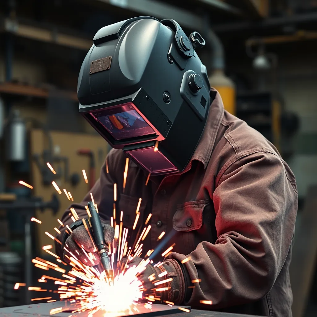 A mechanic in a protective welding mask is welding a large piece of metal in an industrial setting. Sparks are flying. Background includes tools and equipment related to cutting, forming, and forging.