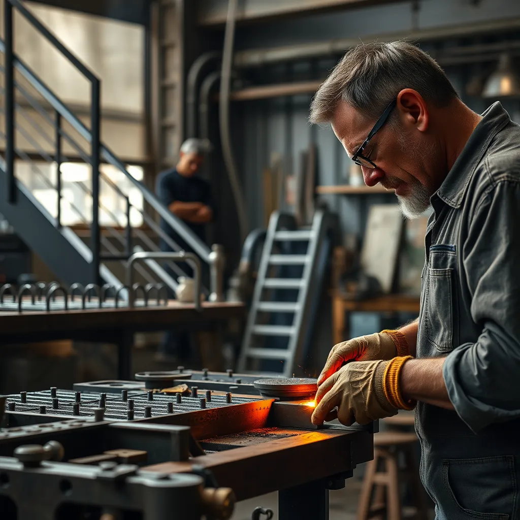 A metalworker using forging and forming techniques to shape metal. The scene includes metal staircases, railings, and barbeques being meticulously crafted, with attention to detail and a clean, organized workshop environment.