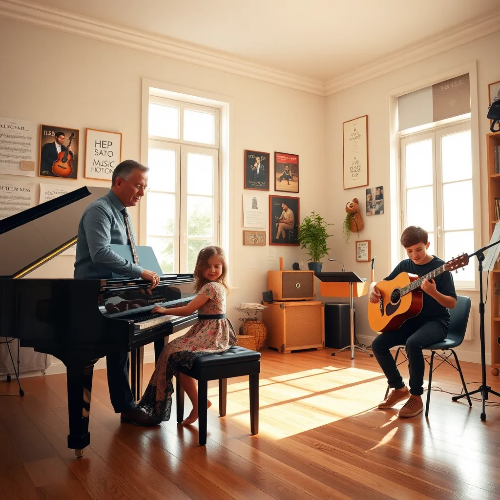 A modern, well-lit music studio bathed in early morning light. A music teacher, a professionally dressed man in his mid-40s, attentively guides a young girl at a grand piano and a teenage boy with an acoustic guitar. The room features large windows with natural light streaming in, wooden flooring, and a variety of musical decor including sheet music and posters of famous musicians. A sleek black piano contrasts with the warm wooden textures of the guitar and floor. The teacher and students exhibit expressions of concentration and joy. The color palette emphasizes natural tones with whites, light browns, and soft blues. The camera angle is a wide shot, capturing the entire studio environment. The scene is hyperrealistic and ultra-detailed, with textures of the instruments, floor, and sunlight meticulously rendered. Style references include the detailed and vibrant compositions of Annie Leibovitz. 8K resolution.