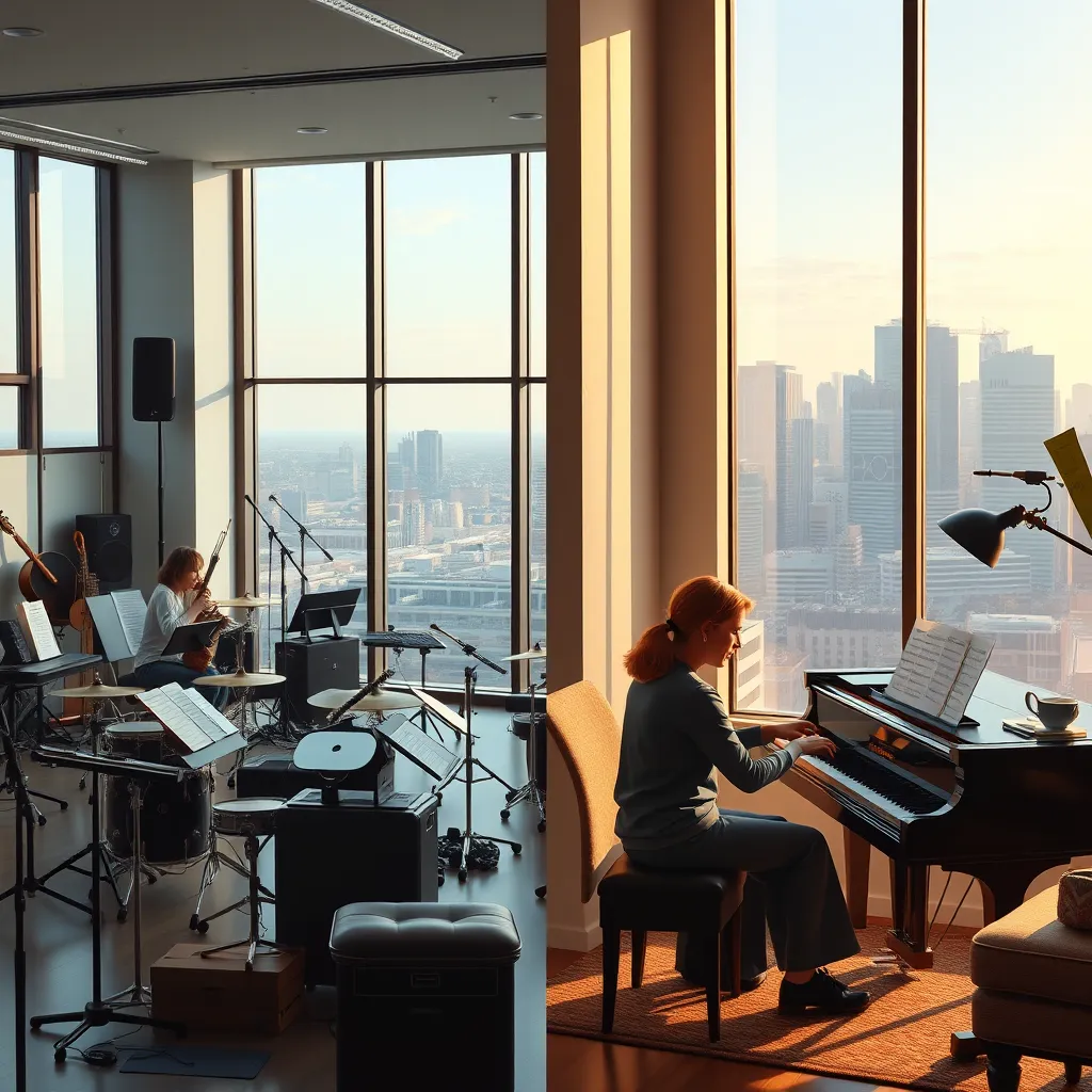 A modern music classroom with large windows and various instruments is shown on one side, and the other side depicts a cozy living room where a teacher is giving a piano lesson to a student. The background includes a beautiful Dallas cityscape visible through the window.