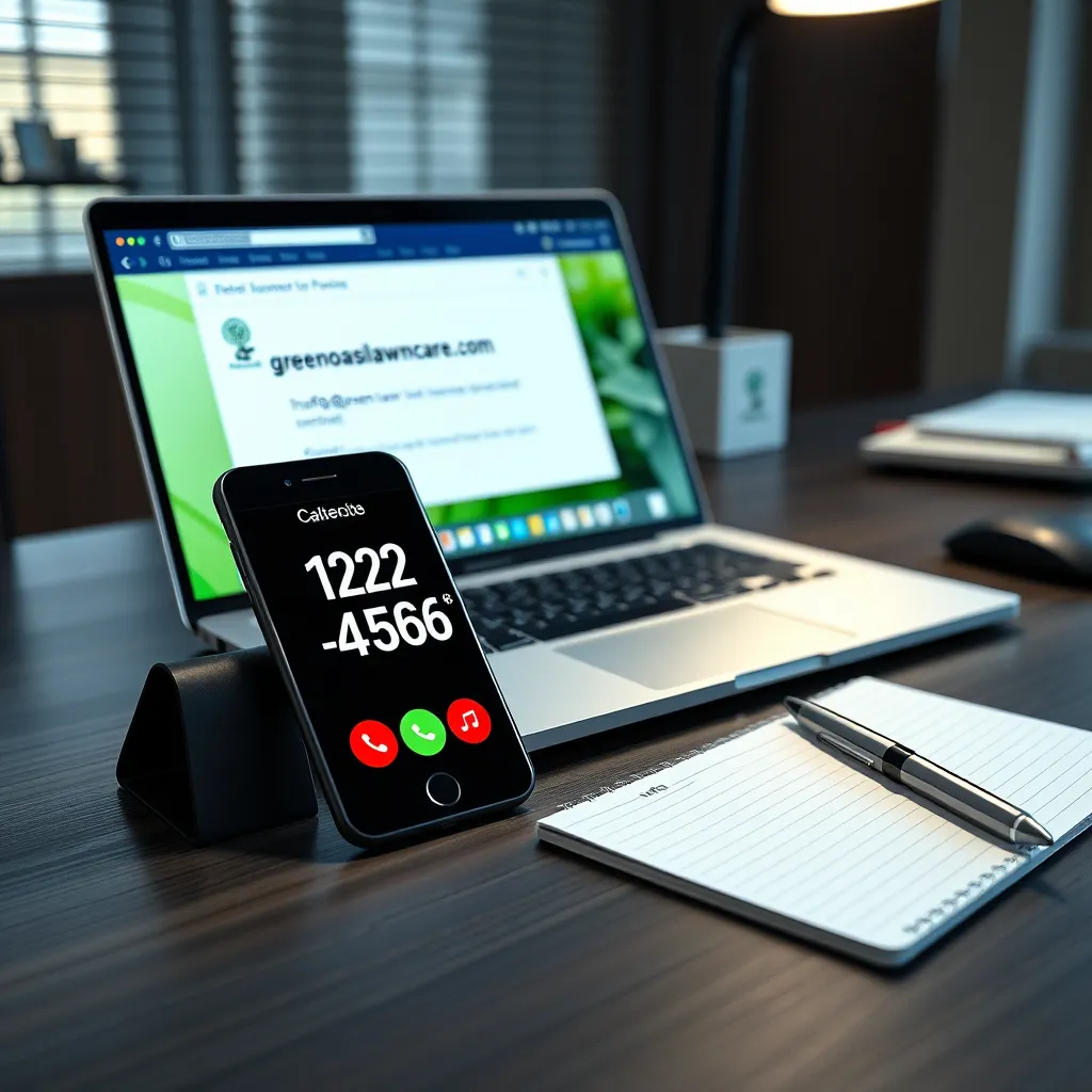 A modern office desk with a smartphone displaying the contact number (339) 123-4567 and a laptop showing the email 'info@greenoasislawncare.com'. A notepad and a pen should also be on the desk, symbolizing communication and customer service.