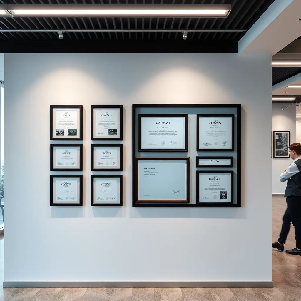 A modern office environment featuring a sleek gallery display with framed artwork and professional certificates. Include employees conversing in the background, with a wall-mounted glass message board showcasing announcements. Bright, professional lighting highlights the frames' elegance.