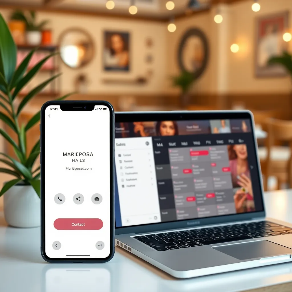 A modern phone displaying a contact screen for Mariposa Nails, alongside a laptop showing the salon's email interface. Include a calendar with appointment slots filled in, with a cozy cafe setting in the background, radiating a friendly and approachable vibe.