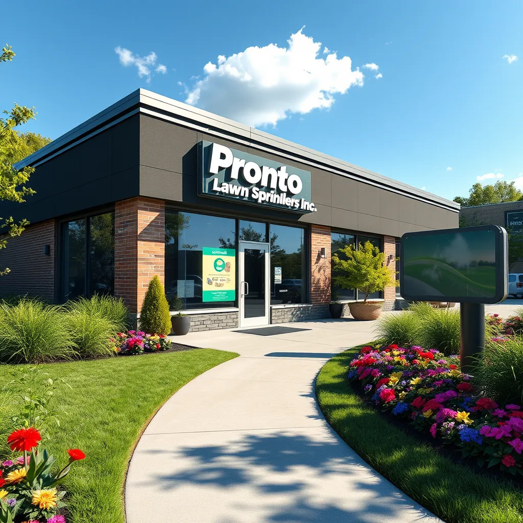 A modern service center located in Boston, MA, featuring a clear sign that reads 'Pronto Lawn Sprinklers Inc.' surrounded by beautiful landscaped lawns and vibrant flowers, showcasing a welcoming atmosphere. The scene should include a sunny day, with a blue sky and a few fluffy clouds.