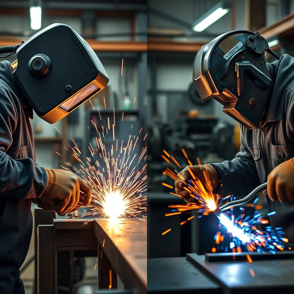 A montage of metalworking activities: cutting with a plasma cutter, shaping metal using forming tools, welding with different types of welds, and forging metal. The backdrop should be an industrial workshop with a variety of tools and machinery.