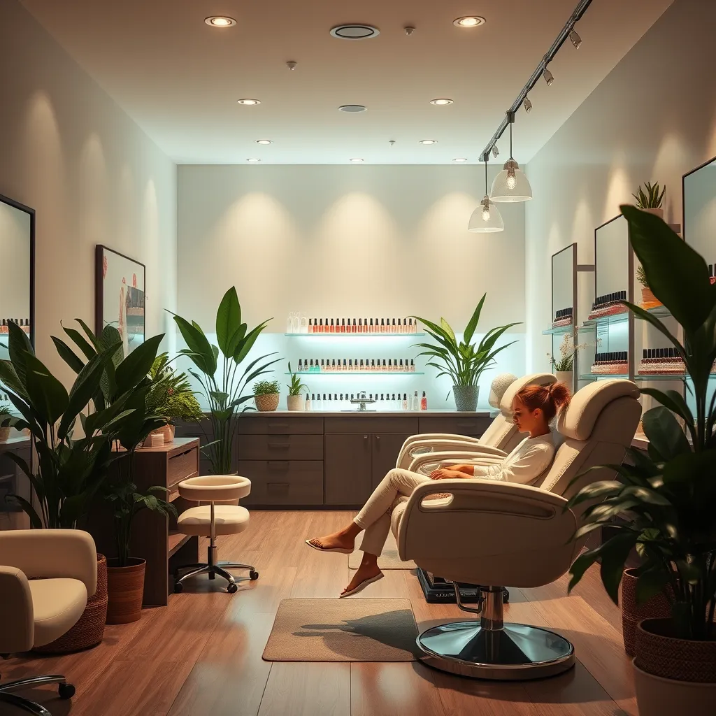 A peaceful nail salon interior with soft lighting, showcasing a serene atmosphere. A client sitting comfortably in a spa chair, receiving a manicure, surrounded by lush plants and calming decor, with beautifully arranged nail polish bottles in the background.