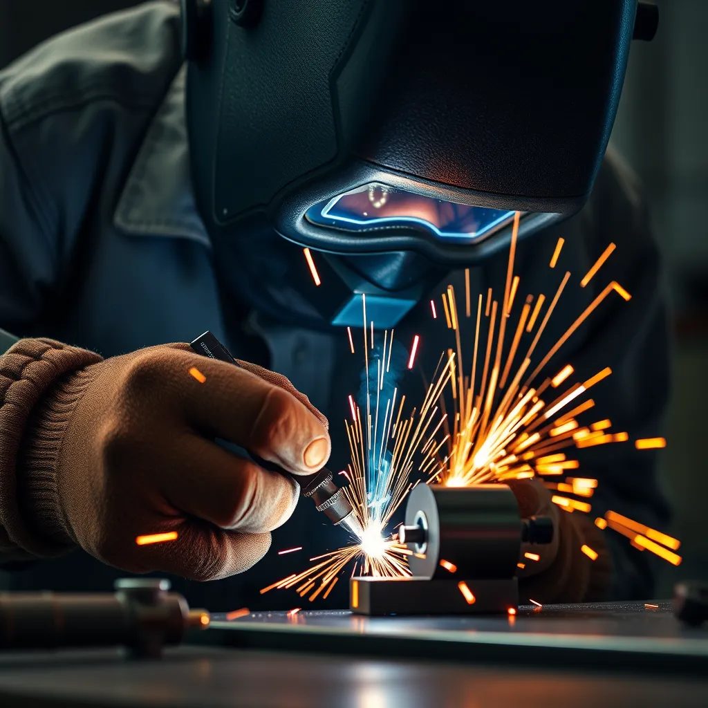 A photorealistic close-up image of a welder, wearing full protective gear, meticulously performing TIG welding on a stainless steel piece. Sparks fly in a controlled manner, illuminating the workspace with precision focus on the welding arc.