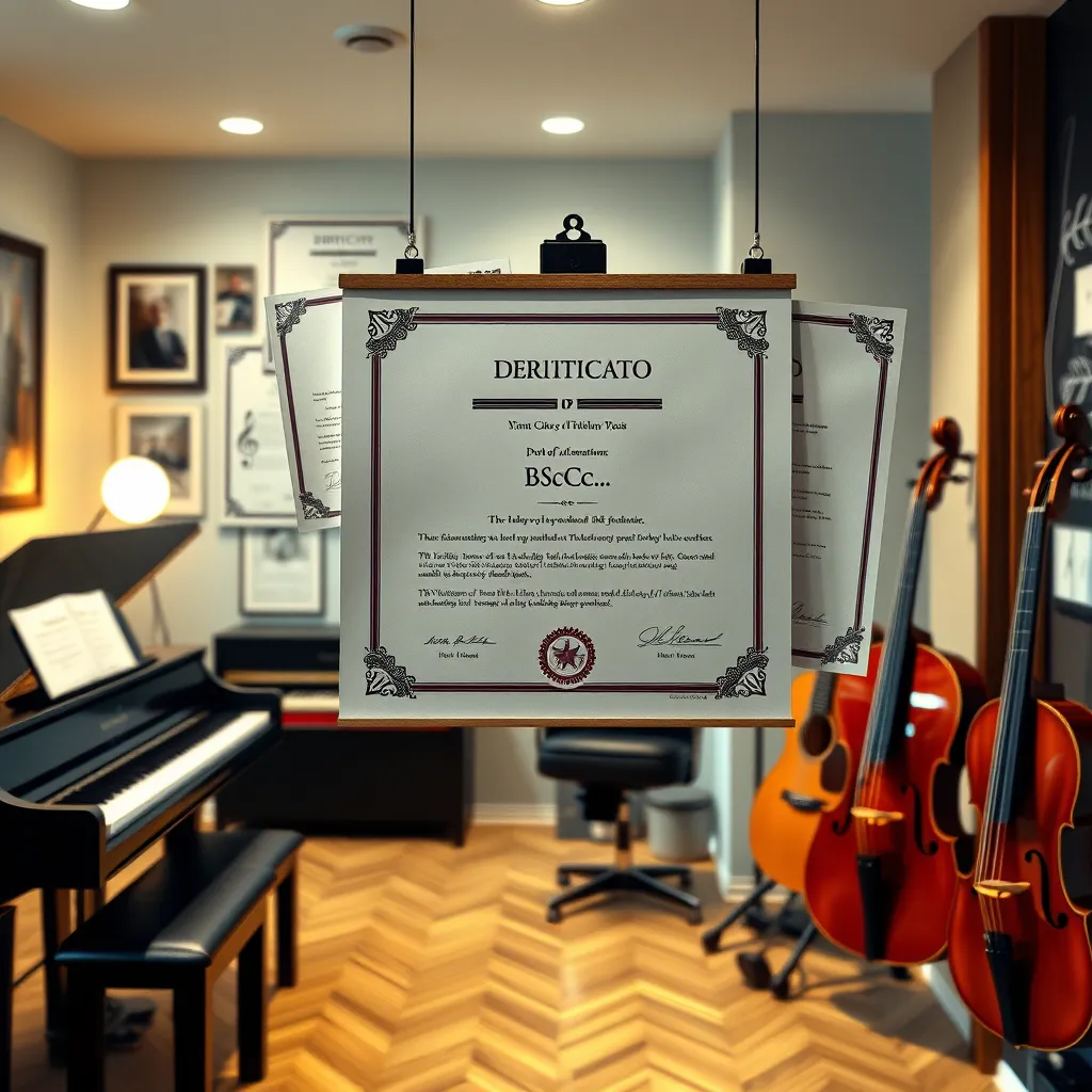A photorealistic close-up of various musical certification documents and a B.Sc. degree hanging on the wall of a stylish music studio, with musical instruments like a piano, guitar, and violin in the background.