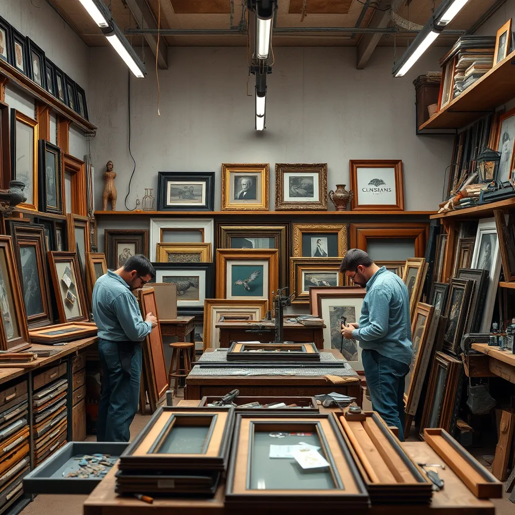 A photorealistic image depicting a custom framing workshop with craftsmen expertly working on various projects. Show diverse frames tailored to different styles, such as modern and vintage, with a backdrop of tools and materials that highlight the personalization aspect of the service.