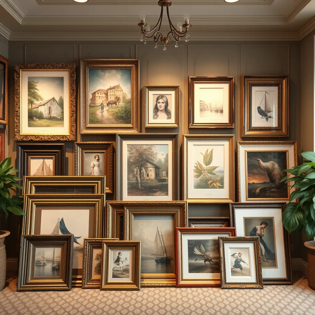 A photorealistic image featuring a variety of framed artworks including oil paintings, prints, and shadowboxes. The display should be set in a classy studio environment, showcasing an array of frames, colors, and textures to illustrate the artistic protection of cherished items.