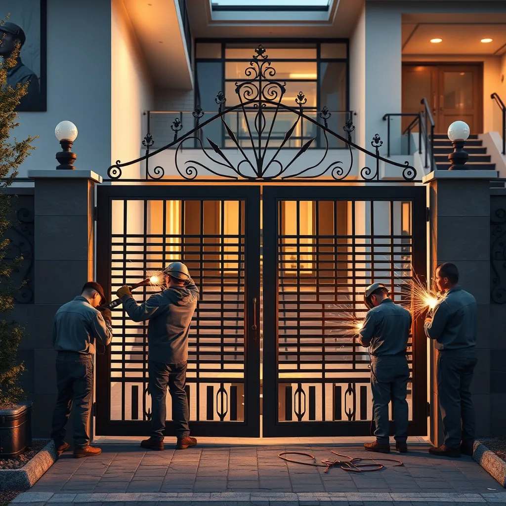 A photorealistic image of a beautifully designed custom metal gate being installed at the entrance of a modern home. Several welders are at work, showcasing their attention to detail and craftsmanship. The background includes a glimpse of other custom-made metal structures, such as railings and staircases.