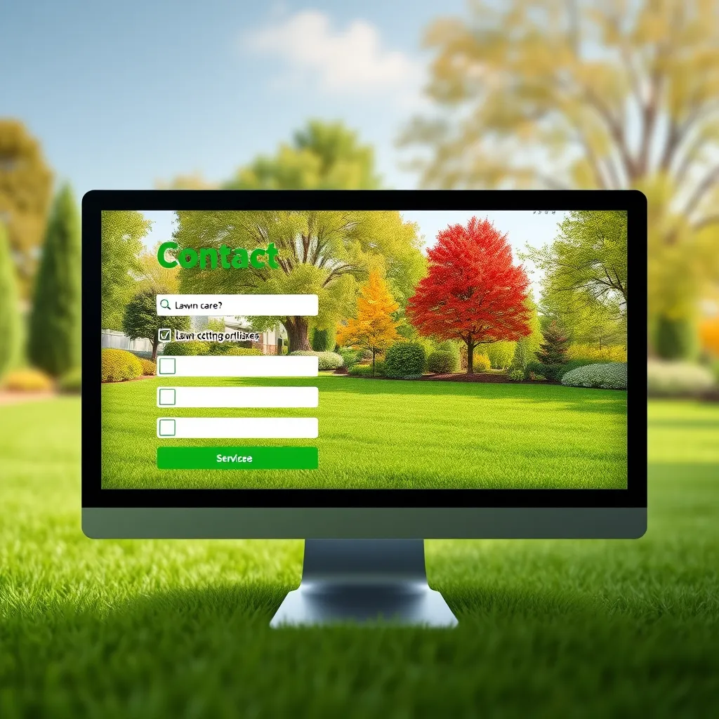A photorealistic image of a computer screen featuring a contact form with checkboxes for various lawn care services (like lawn cutting, fertilizing). In the background, display a vibrant lawn and trees to reflect the company's services.