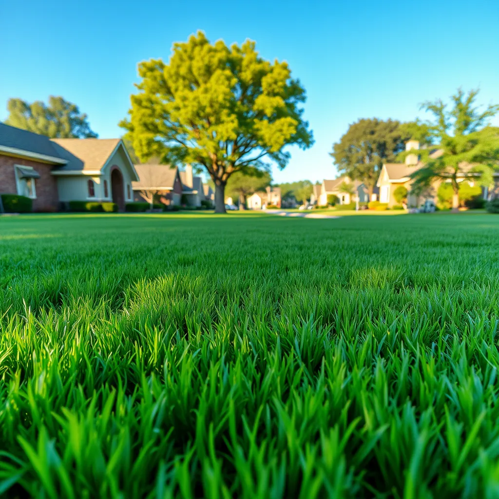 A photorealistic image of a freshly mowed lawn in a residential neighborhood. The grass is a bright, lush green, and the edges are perfectly trimmed. Include a backdrop of well-kept homes and trees under a clear blue sky.