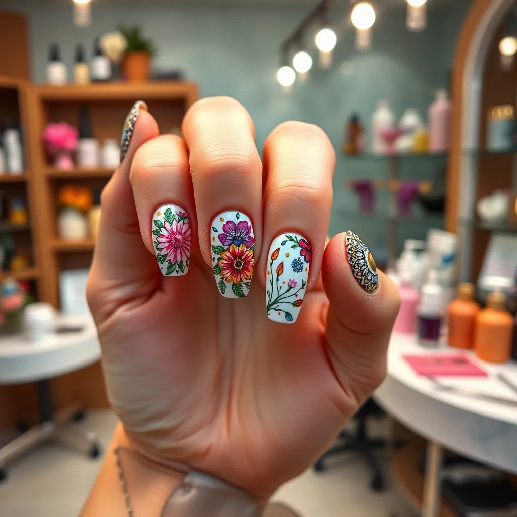 A photorealistic image of a hand with beautifully painted nails, featuring intricate floral designs, geometric patterns, and vibrant colors. The background should have a soft focus of a nail salon with tools and products artistically displayed, creating an inviting atmosphere.
