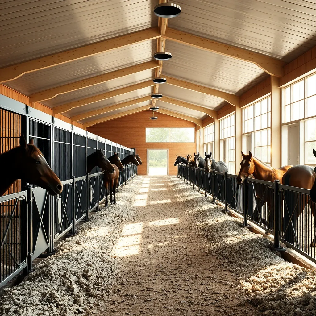 A photorealistic image of a modern horse stable facility with 57 stalls, featuring clean bedding, well-maintained interiors, and horses looking content. Sunlight streaming through large windows, showcasing a safe and inviting atmosphere.