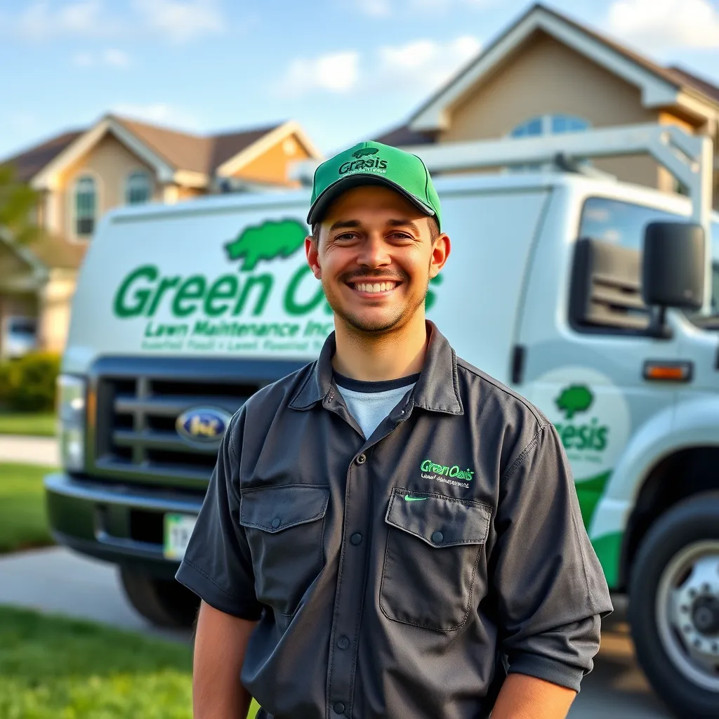 A photorealistic image of a smiling lawn care technician in branded uniform standing in front of a truck with the Green Oasis Lawn Maintenance Inc. logo. The background features a well-kept suburban neighborhood, emphasizing trust and professionalism in local lawn care.