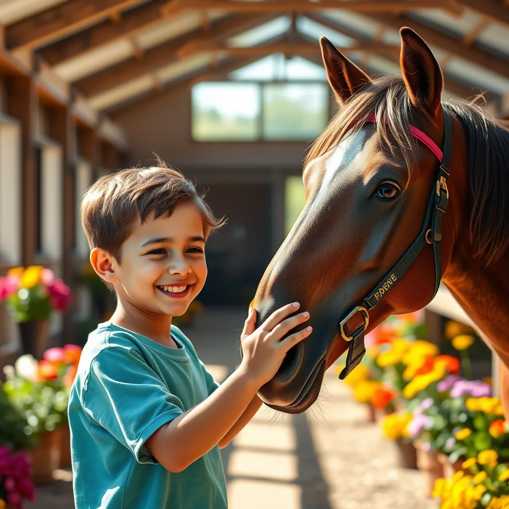 A photorealistic image of a smiling child gently petting a friendly horse in a sunny stable, with colorful flower arrangements in the background, depicting an atmosphere of joy and connection, showcasing both the child and horse with happy expressions.