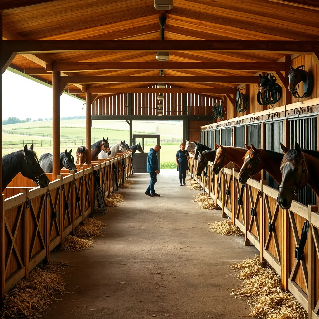 A photorealistic image of a spacious horse boarding facility at Green Meadow Stables, showing 57 wooden stalls with horses comfortably settled, some being groomed by staff. The scene is illuminated with soft diffused lighting, creating a warm and welcoming atmosphere. The color palette includes earthy tones of browns and greens, emphasizing the natural environment. The camera angle is slightly elevated, capturing the entire stable layout. Textures of wood, straw bedding, and horse coats are finely detailed, highlighting the care provided. In the background, riding equipment hangs neatly on walls. The outdoor view of lush green meadows through the stable doors adds to the serene mood. The style references a vibrant rural setting, with an ultra-detailed composition in 8K resolution.