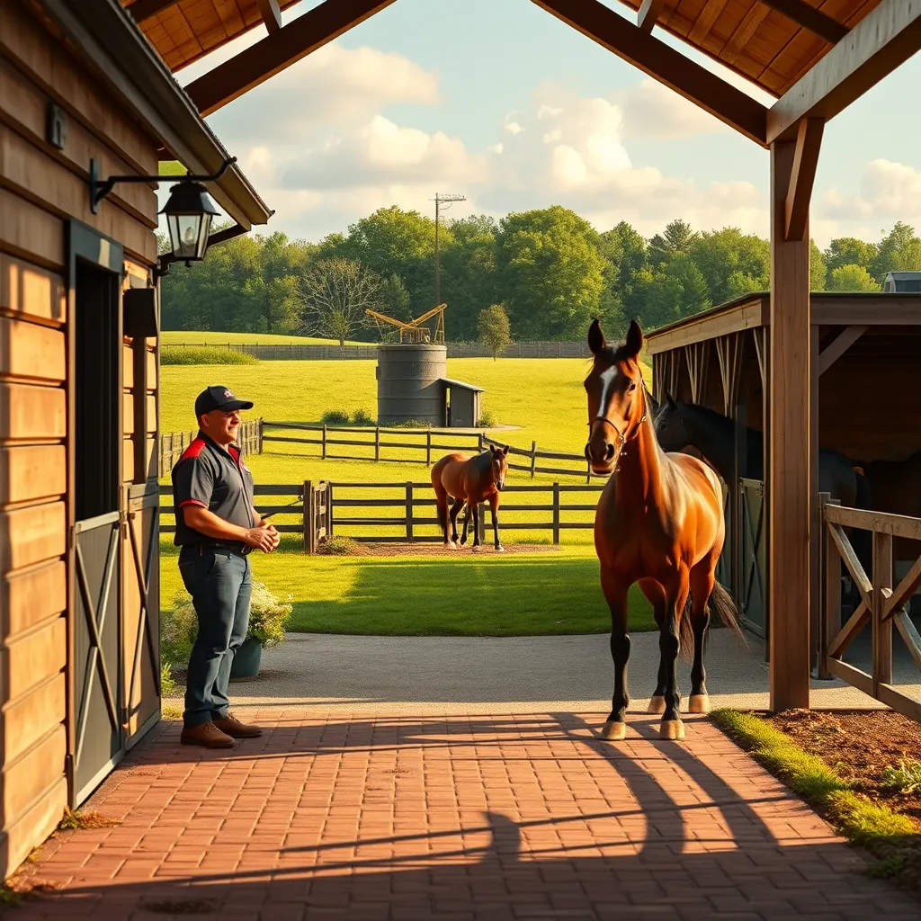 A photorealistic image of a welcoming horse stable in Boston, MA, featuring a friendly staff member greeting a horse owner at the entrance, with lush green meadows and well-kept stables in the background.