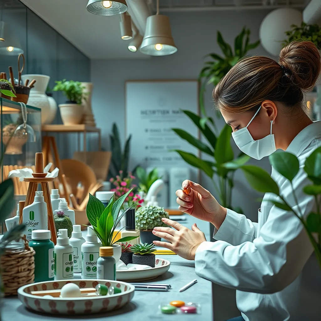 A photorealistic image of an eco-friendly nail salon, displaying various environmentally conscious nail products and tools. Include natural elements like plants and recycled materials, with a nail technician applying polish on a client’s nails, emphasizing health and sustainability.