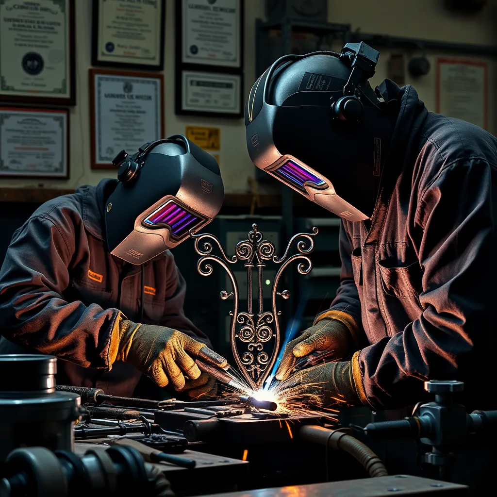 A photorealistic image of professional welders wearing protective gear, certificates visible on the wall, and engaged in detailed metalwork. Show a welder forging a gate with intricate designs, surrounded by various tools and equipment.
