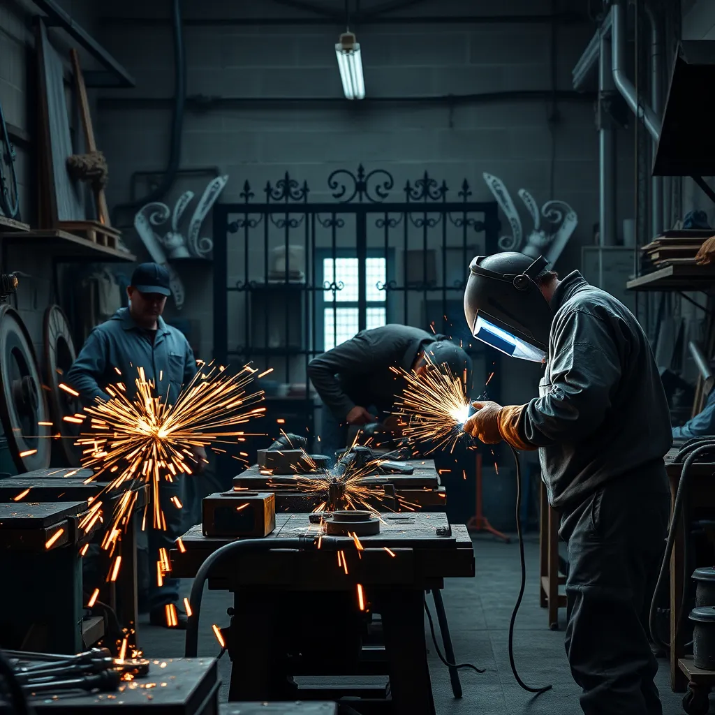 A photorealistic image of skilled welders working in a well-equipped workshop. The background should show various welding tools, materials, and sparks flying as they work. The walls may be adorned with metalwork pieces like gates and furniture. The atmosphere is bustling and professional.