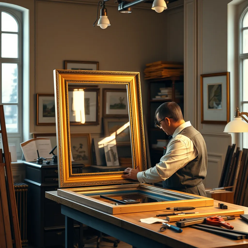 A photorealistic image showcasing an elegant, well-lit framing studio where a professional framer is carefully assembling a high-quality frame for a piece of art. Include certifications and tools in the scene to emphasize quality and professionalism.