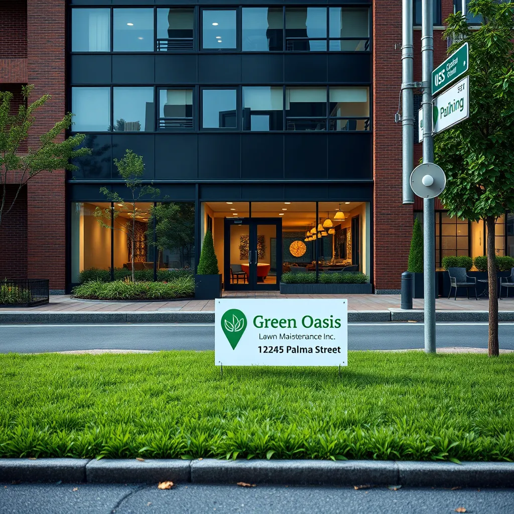 A photorealistic street scene in Boston featuring a well-maintained lawn outside a modern office building. A clear sign saying 'Green Oasis Lawn Maintenance Inc.' on the lawn, and a GPS pin icon indicating the address '12345 Palma Street'.