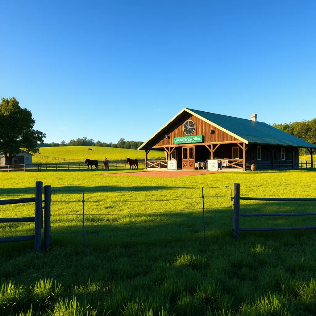 A photorealistic view of a beautiful horse stable in Boston, MA, surrounded by lush green meadows, showcasing clear signage for 'Green Meadow Stables Inc.' at the entrance. Include a warm sunny day with blue skies, and a few horses grazing in the background.