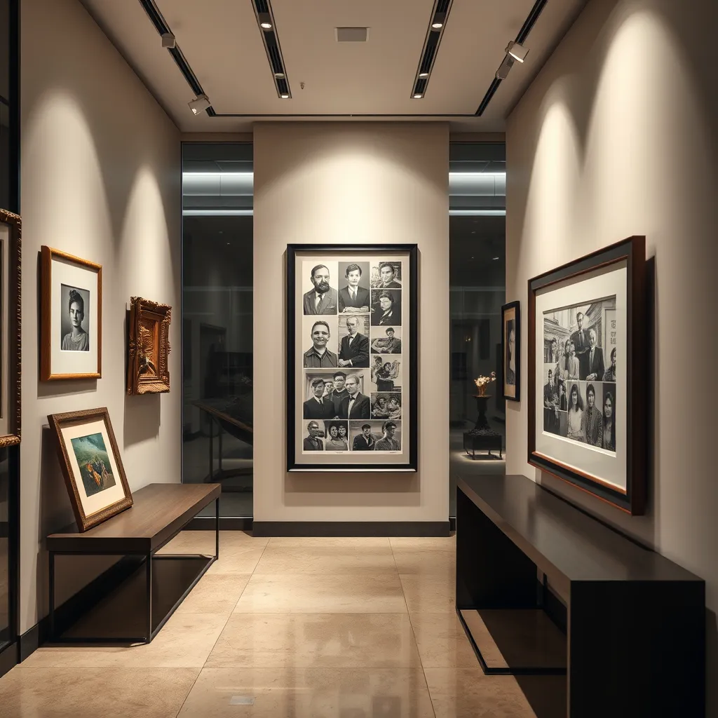 A photorealistic view of a stylish gallery display featuring various types of framed items, such as an antique object, a family photo collage, and a limited edition print, all professionally framed and elegantly presented in a modern setting.