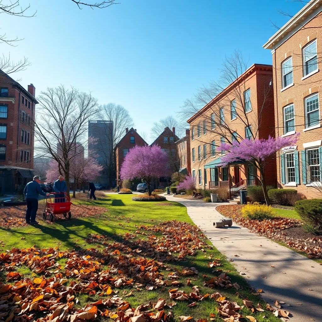 A picturesque Boston yard during spring, with workers cleaning up fallen leaves and debris, showcasing vibrant flowers blooming, bright blue skies, and clear pathways, exemplifying the transition from winter to a beautiful spring landscape.