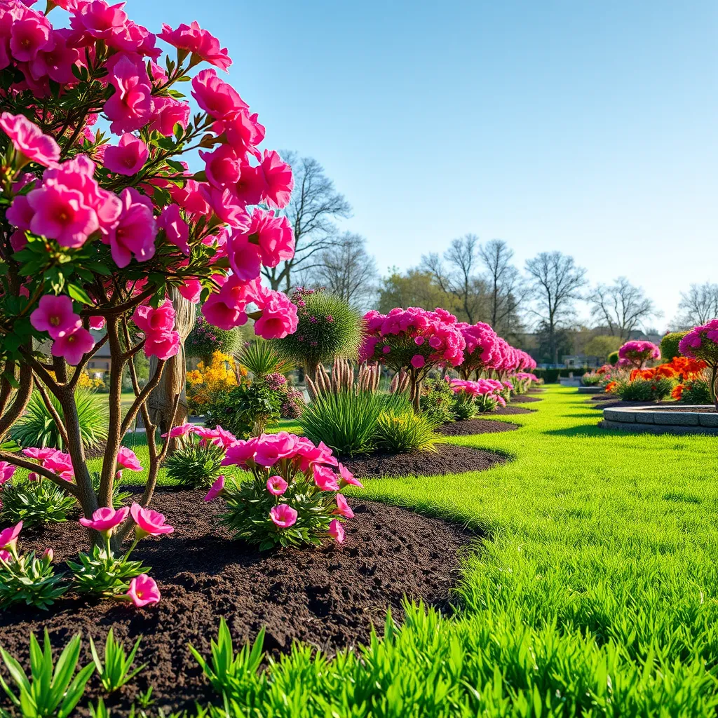 A picturesque garden scene during spring, after a thorough cleanup. Brightly blooming flowers, well-mulched garden beds, and vivid, green grass fill the frame, showcasing a perfect setting for relaxation beneath clear skies.