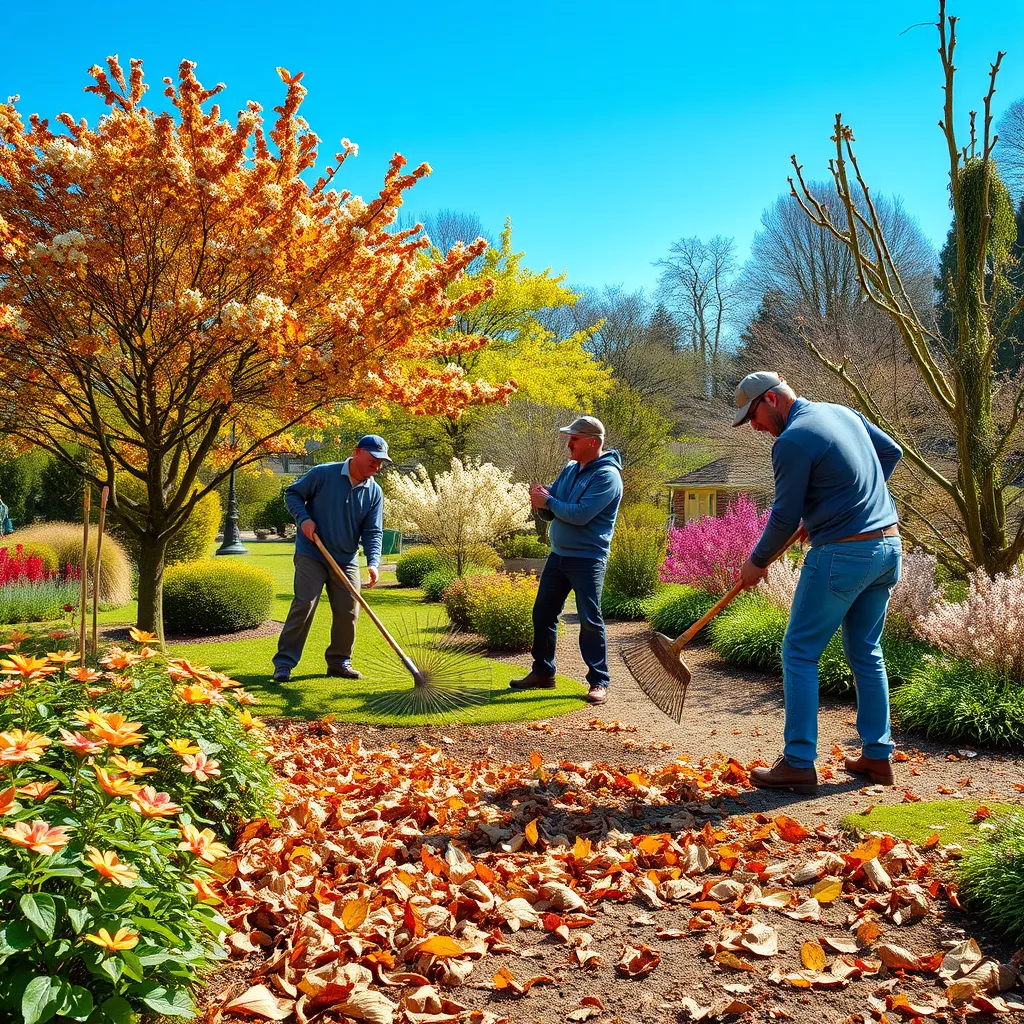 A picturesque garden scene during spring, showcasing a team of landscapers clearing away autumn leaves and debris. The workers are raking and collecting leaves, with blooming flowers and budding trees surrounding them. Bright blue sky and sunshine provide a cheery atmosphere.