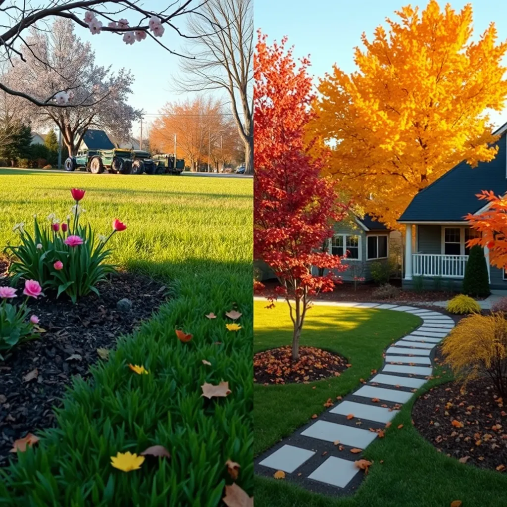 A picturesque image divided into two sections: one half shows a spring cleanup with blooming flowers and freshly cut grass, and the other half illustrates autumn leaves being removed, with a landscaped yard featuring vibrant fall colors and well-maintained pathways.