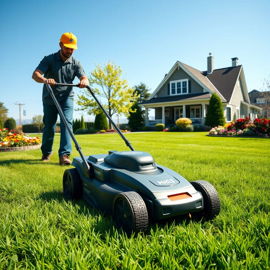 A picturesque scene of a well-manicured lawn being mowed by a professional landscaper. The grass is vibrant green, with flower beds bordering the lawn. A sunny day with clear blue skies and a distant view of a cozy suburban home.