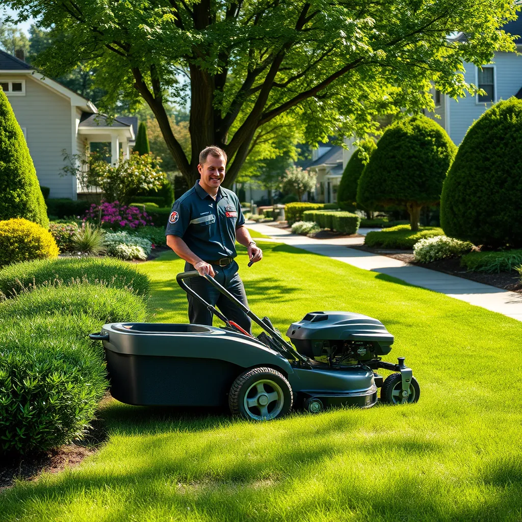 A picturesque suburban lawn with vibrant green grass, beautiful shrubs, and expertly trimmed trees. A smiling lawn care technician in uniform using a lawn mower. The scene is set in a sunny Boston neighborhood, showcasing a well-maintained landscape.
