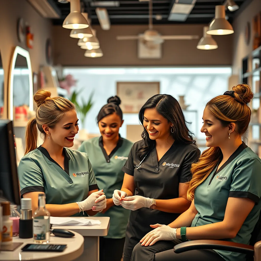 A portrait of professional nail technicians in Mariposa Nails uniforms engaging with clients. Capture a warm and inviting atmosphere, with technicians smiling and providing expert care, surrounded by a clean, well-organized salon filled with nail tools and decor.