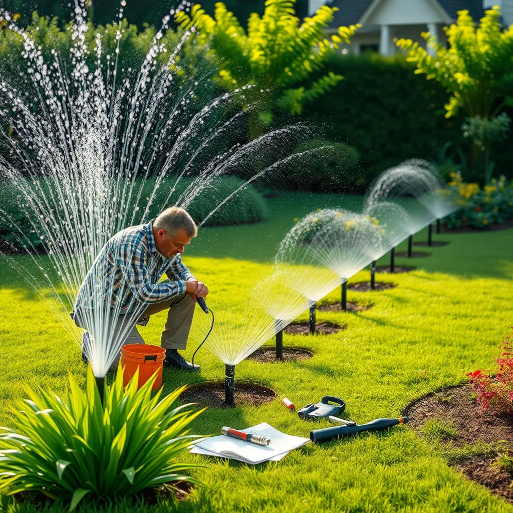 A professional landscape designer working in a lush green lawn, installing a modern sprinkler system. The scene depicts careful assessment of plant types and layout, with tools and plans scattered around, showcasing a vibrant, well-maintained environment.
