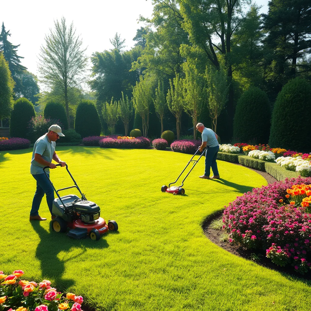 A professional landscape team meticulously cutting grass with lawn mowers in a lush green yard, surrounded by colorful flower beds and neatly trimmed shrubs, under bright sunlight, conveying a sense of freshness and excellence.