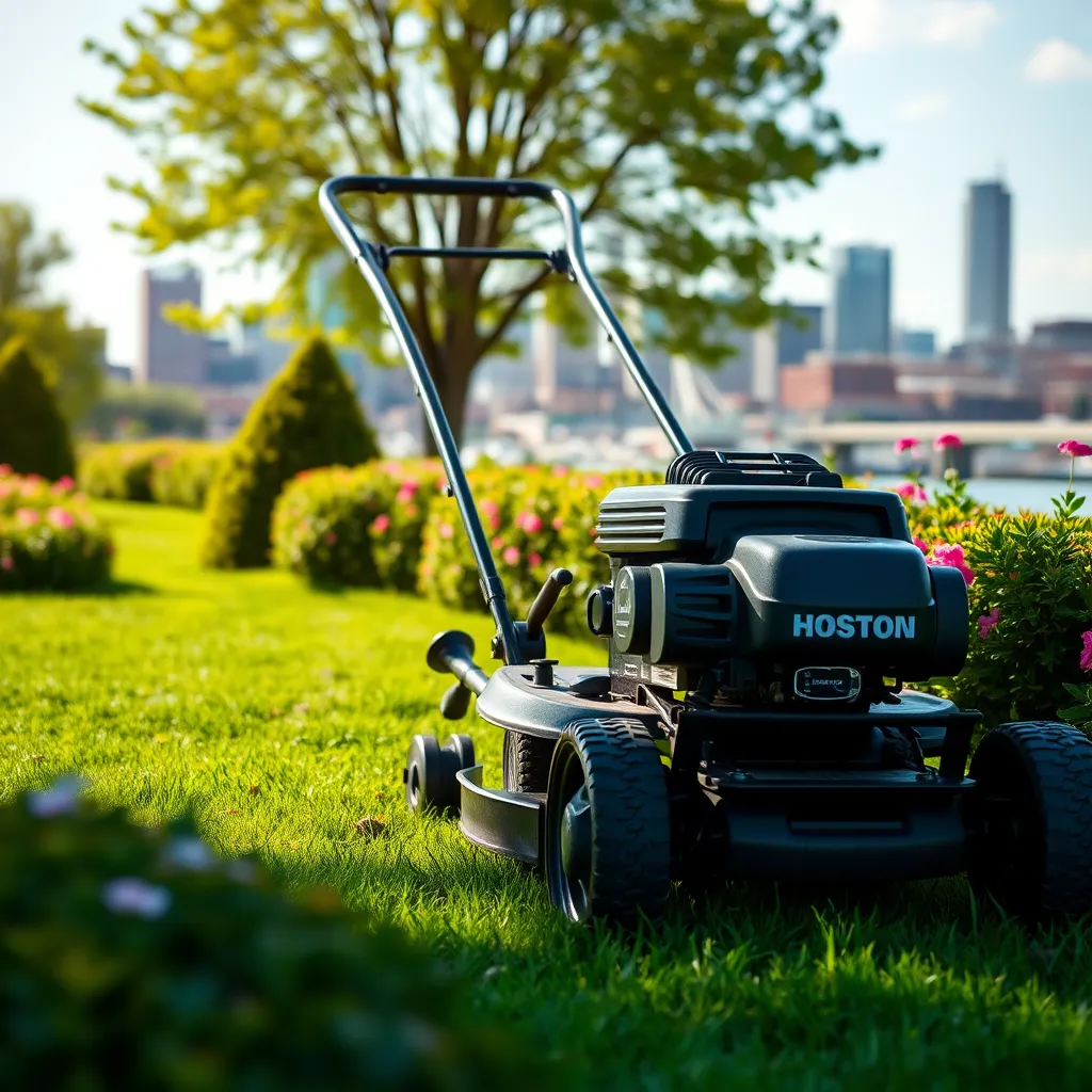 A professional lawn care expert on a vibrant green lawn, using a high-quality lawn mower, surrounded by neatly trimmed shrubs and blooming flowers. The scene captures the essence of meticulous lawn maintenance, with the Boston skyline in the background, on a sunny day.