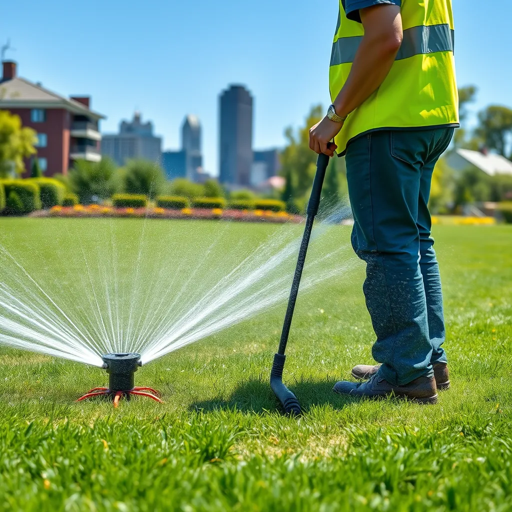 A professional lawn care technician inspecting a lush green lawn with an advanced sprinkler system in place. The scene captures the Boston skyline in the background, showcasing a sunny day with clear blue skies.