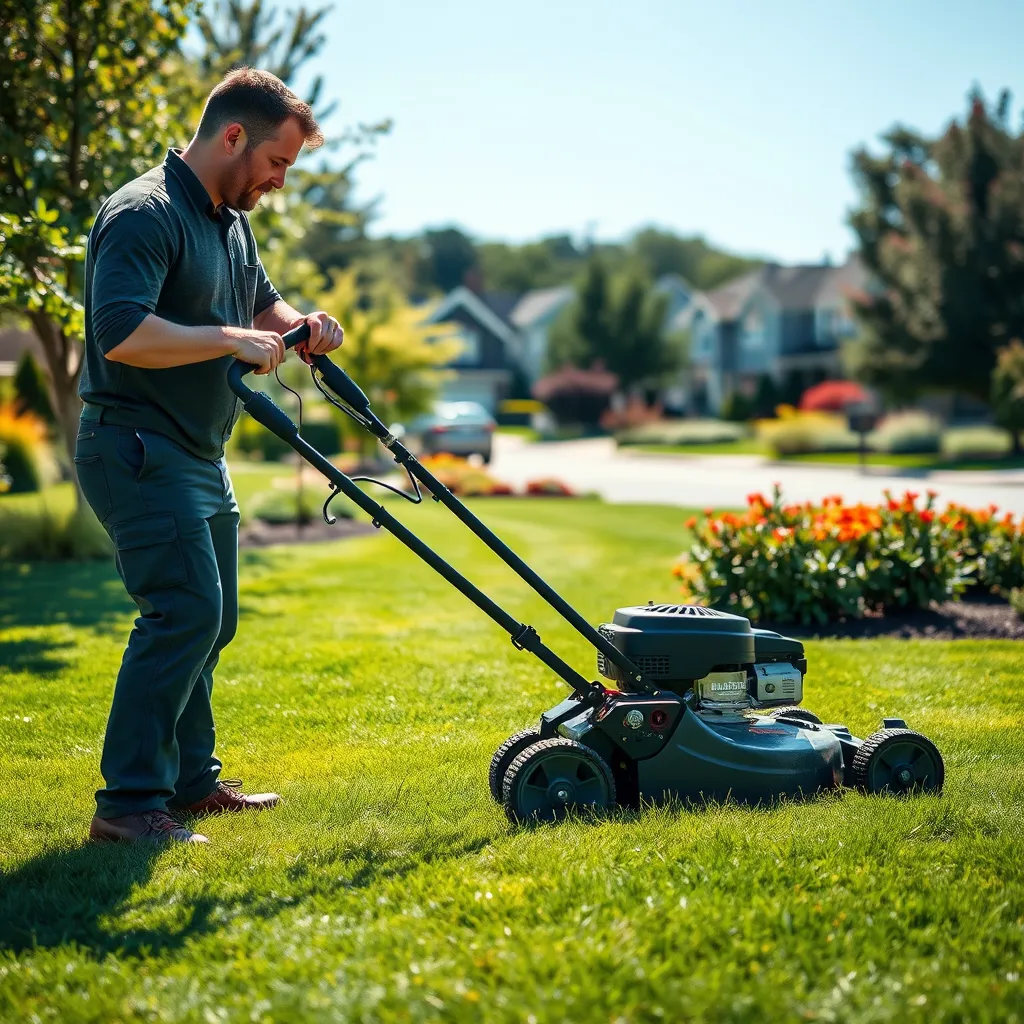 A professional landscaping crew in Boston meticulously cutting a vibrant green lawn with modern mowers, surrounded by blooming flowers and neatly trimmed shrubs, under a clear blue sky. The scene captures a well-maintained suburban neighborhood.