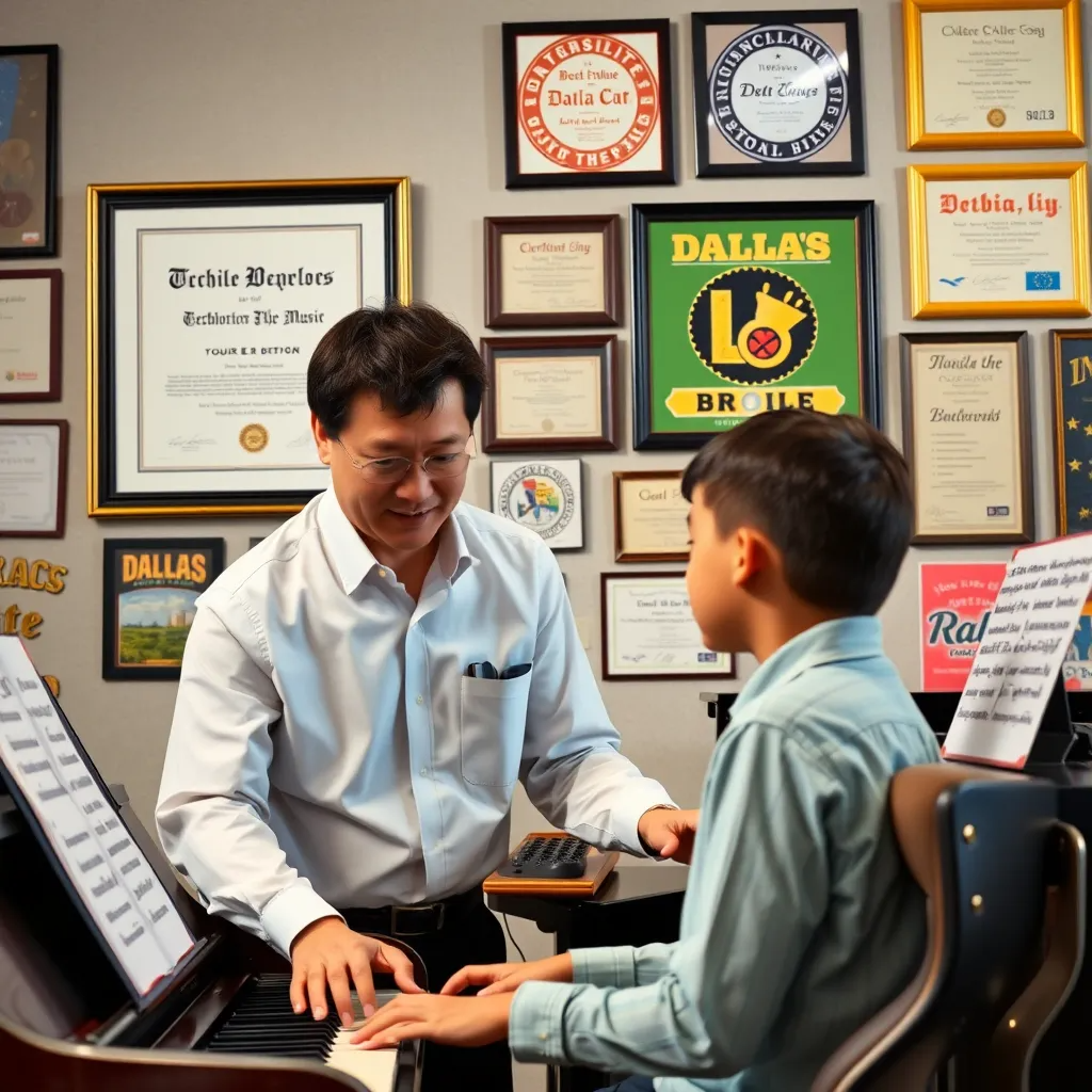 A professional music teacher, with a framed Bachelor's degree in music and various teaching certificates hanging on the wall behind, instructing a student on a piano. The backdrop shows Dallas-themed decor, reflecting local pride.