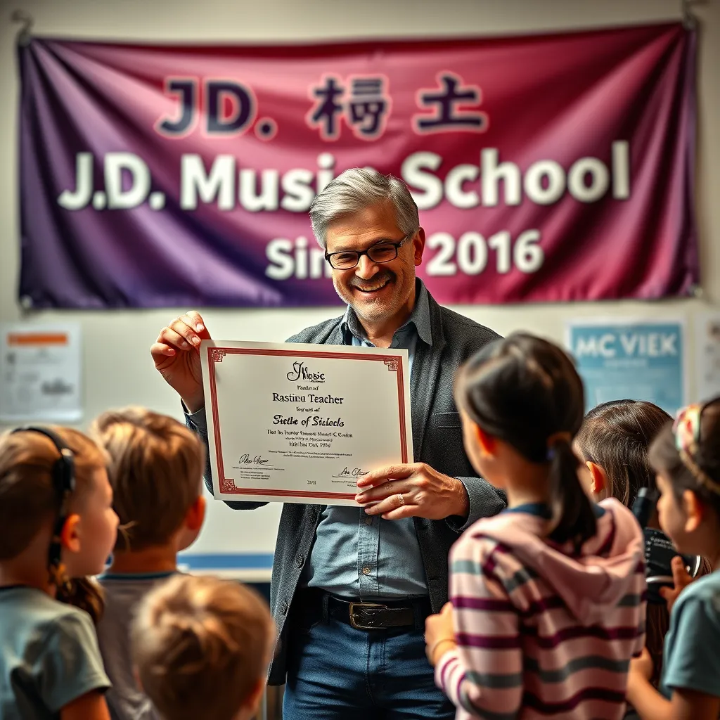 A professional music teacher holding a degree certificate and teaching certifications, interacting confidently with a group of students, with a banner in the background displaying 'J.D. Music School, Since 2016.'